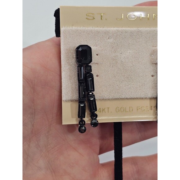 NEW NWT St. John Swarovski Crystal Gold Plated Black Drop Dangle Earrings Gift - Picture 4 of 7